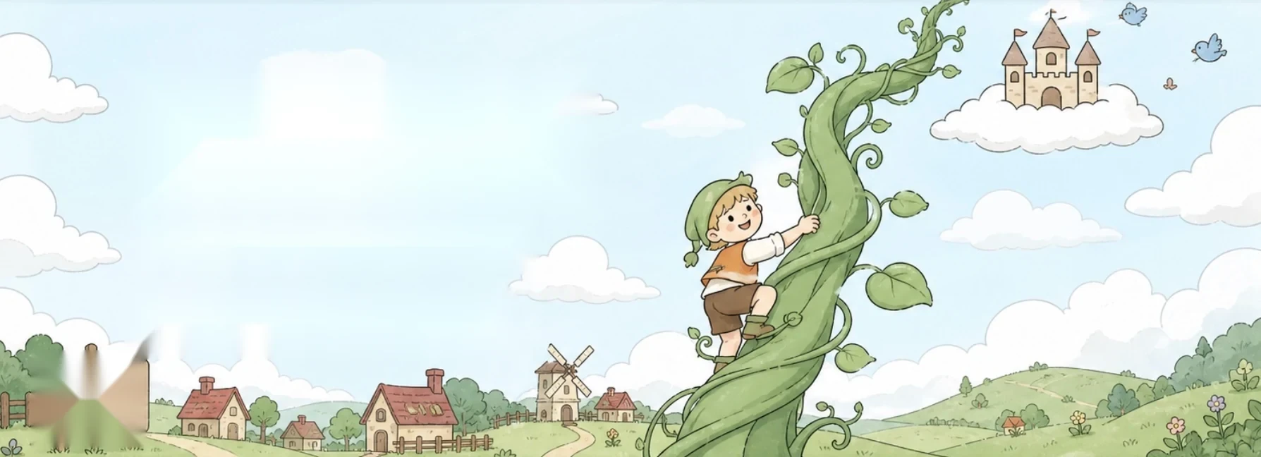 Jack climbing a magic bean vine toward a cloud castle